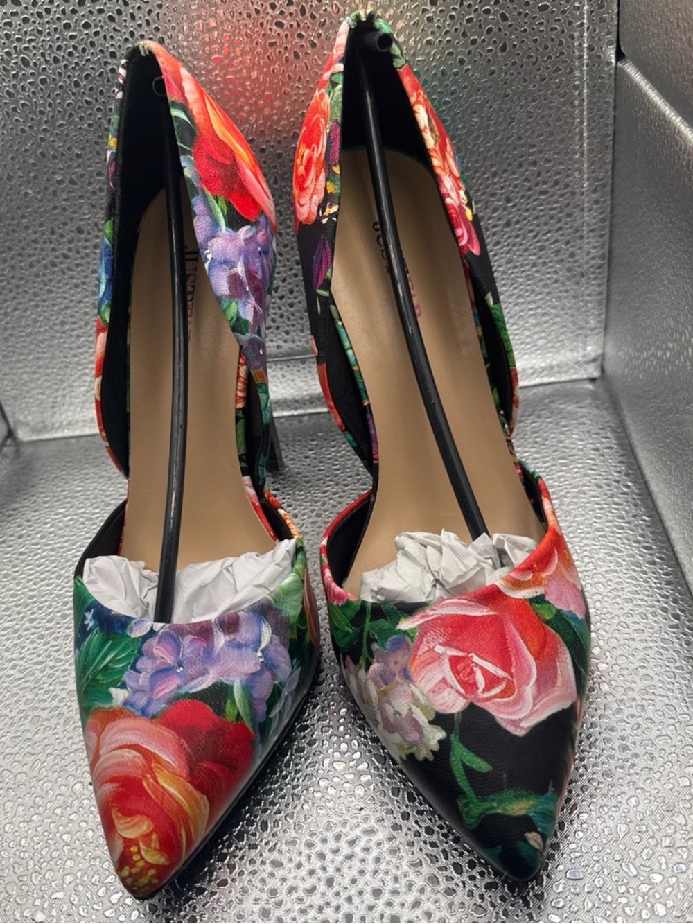 JustFab Black Floral Pointed-Toe Heels